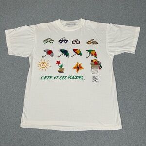 Vintage Colleen Conrad T-shirt Womens S White Multi‎ Graphic Summer French Retro